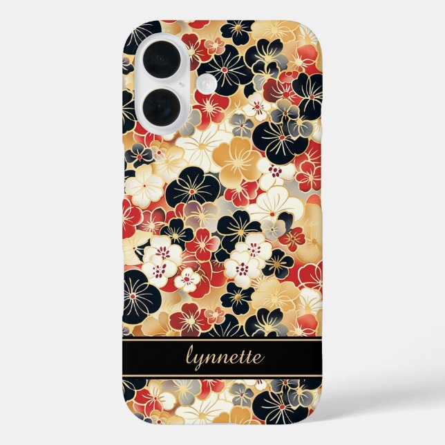 Japanese Gold Floral Pattern Monogrammed iPhone 16 Hülle (Rückseite)
