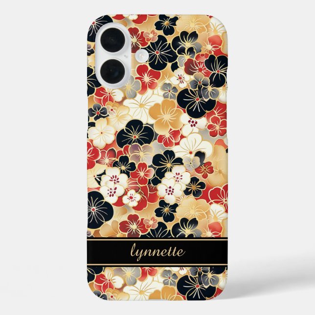 Japanese Gold Floral Pattern Monogrammed iPhone 16 Plus Hülle (Rückseite)