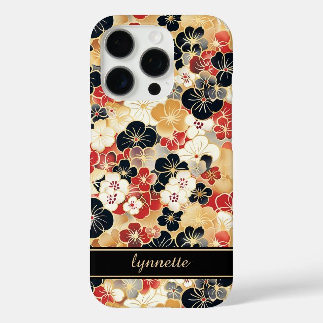 Japanese Gold Floral Pattern Monogrammed iPhone 16 Pro Hülle (Rückseite)