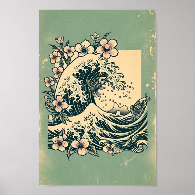 Japanese Great Wave Koi Fish & Cherry Blossom Art Poster (Vorne)