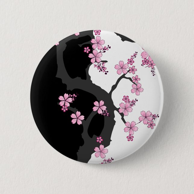 Japanese Kimono Black and White Pink Sakura Button (Vorderseite)