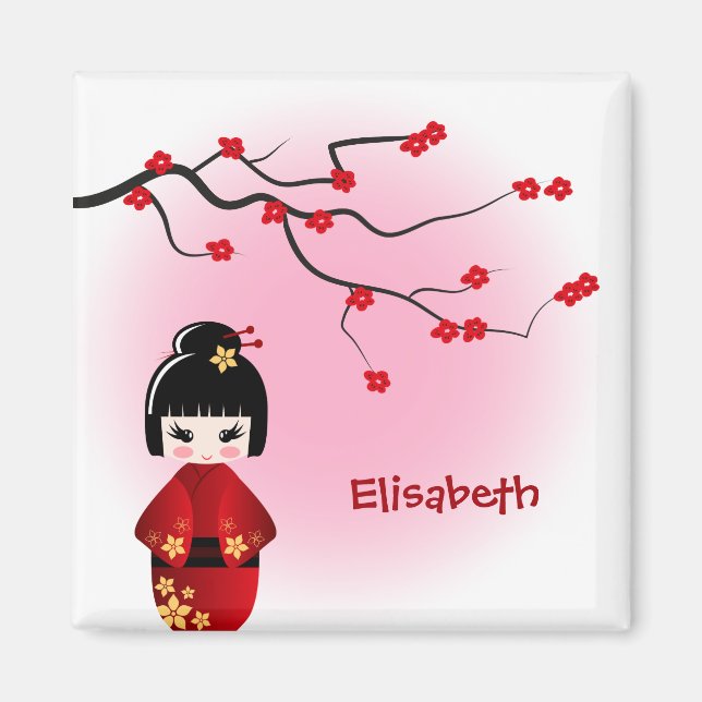 Japanese kokeshi doll at sakura blossoms magnet (Vorne)
