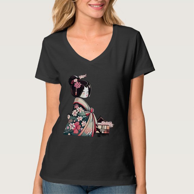 Japanese Lady Geisha with cherry blossoms T-Shirt (Vorderseite)