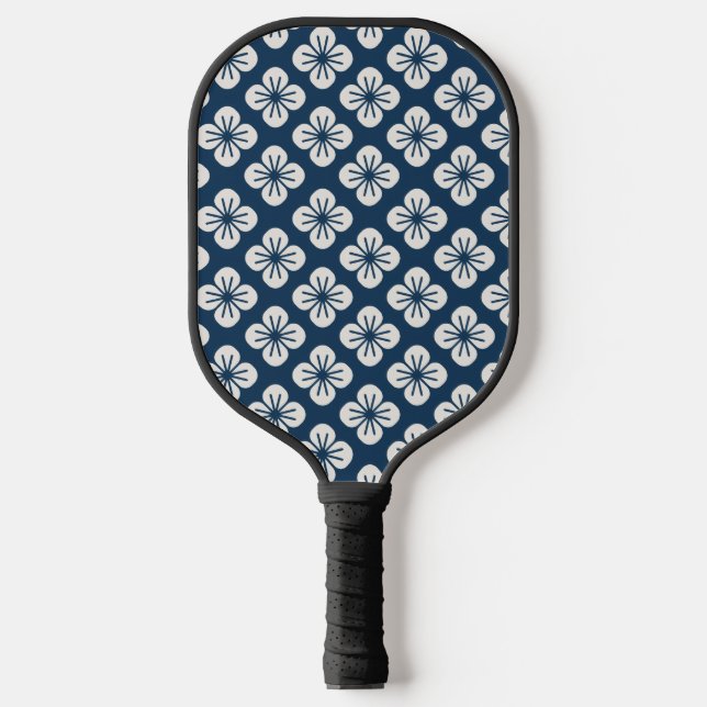 Japanese Navy Blue Ivory Floral Geometric Pattern Pickleball Schläger (Vorderseite)