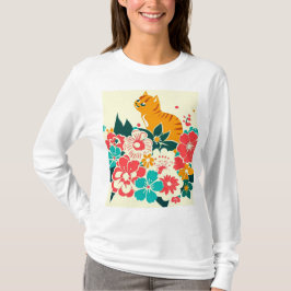 Japanese old scool cat and flowers T-Shirt
