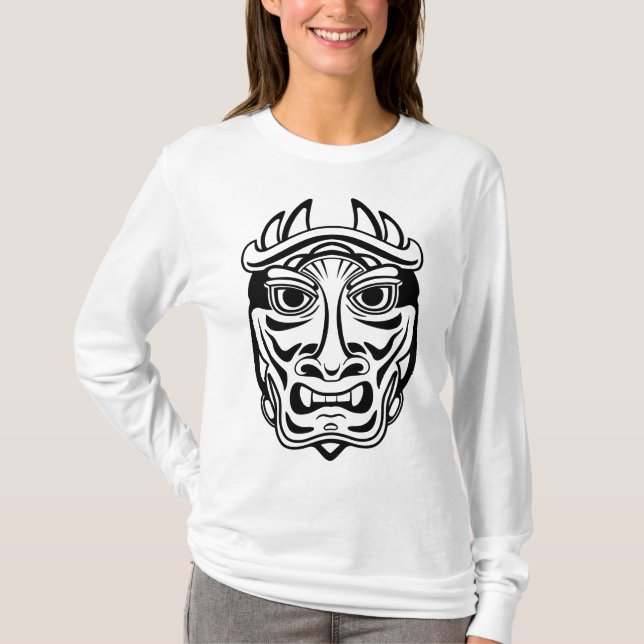 Japanese Oni Mask Tribal Demon Line Art T-Shirt (Vorderseite)