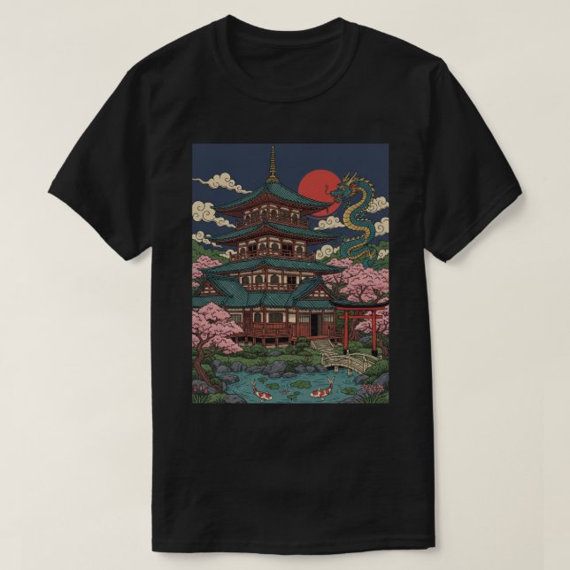 Japanese Pagoda Dragon Sunset T-Shirt (Design vorne)