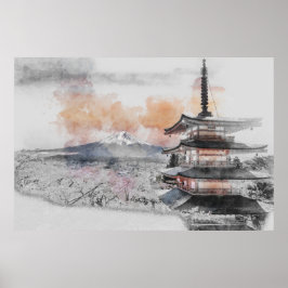Japanese Pagoda with Mount Fuji – Minimalist Poster