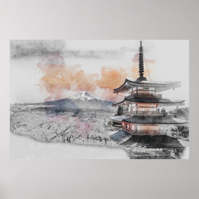 Japanese Pagoda with Mount Fuji – Minimalist  Poster (Vorne)