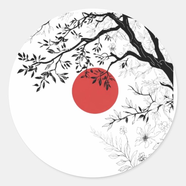 Japanese Red Sun & Brush Tree Art Runder Aufkleber (Vorderseite)