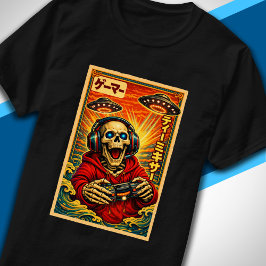 Japanese Retro Vintage UFO Skeleton Funny Gamer T-Shirt