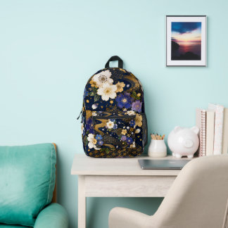 Japanese Sakura Floral Navy Gold Backpack Bedruckter Rucksack