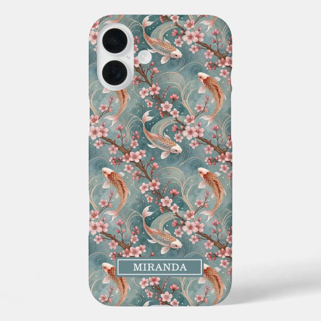 Japanese Sakura Koi Fish Pattern Monogrammed iPhone 16 Plus Hülle (Rückseite)