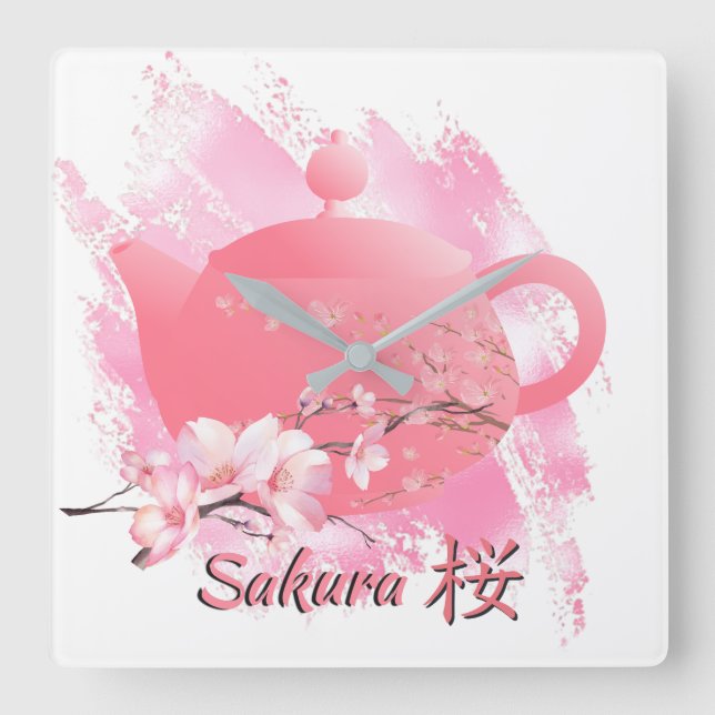 Japanese Sakura Teapot Wall Clock  Quadratische Wanduhr (Vorderseite)
