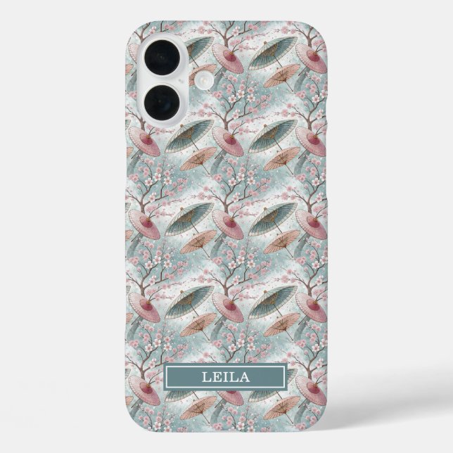 Japanese Sakura Umbrella Pattern Monogrammed iPhone 16 Plus Hülle (Rückseite)