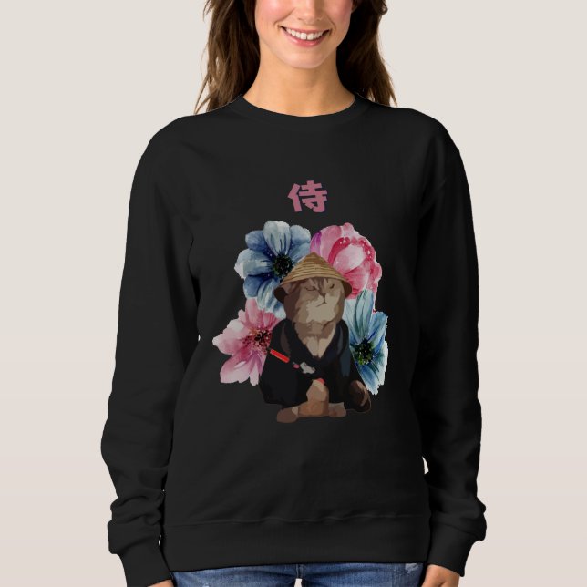 Japanese Samurai Cat Watercolor Flowers Sweatshirt (Vorderseite)