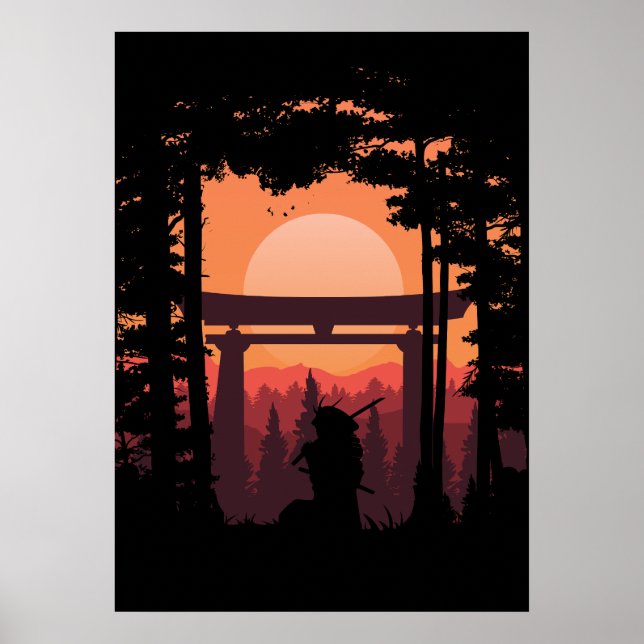 Japanese Samurai In Sunset Poster (Vorne)