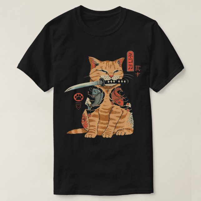 Japanese Samurai Ninja Cat Kawaii Tattoo Graphic T-Shirt (Design vorne)
