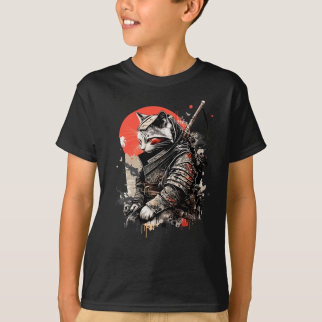 Japanese Samurai Ninja Cat Kawaii Tattoo Graphic T-Shirt (Vorderseite)