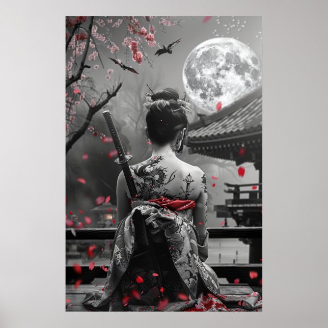 Japanese samurai woman with tattoo under full moon poster (Vorne)