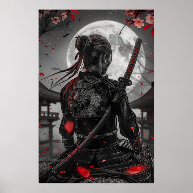Japanese samurai woman with tattoo under full moon poster (Vorne)