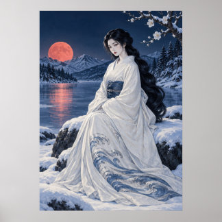 Japanese Snow Woman Art Print – Yuki Onna Red Moon Poster