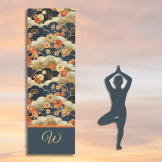 Japanese Style Retro Teal Floral and Clouds Print Yogamatte