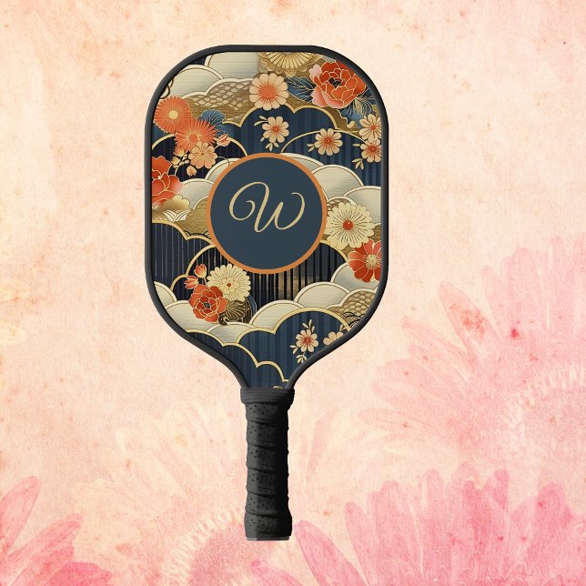 Japanese Style Retro Teal Floral n Clouds Initial Pickleball Schläger (Von Creator hochgeladen)