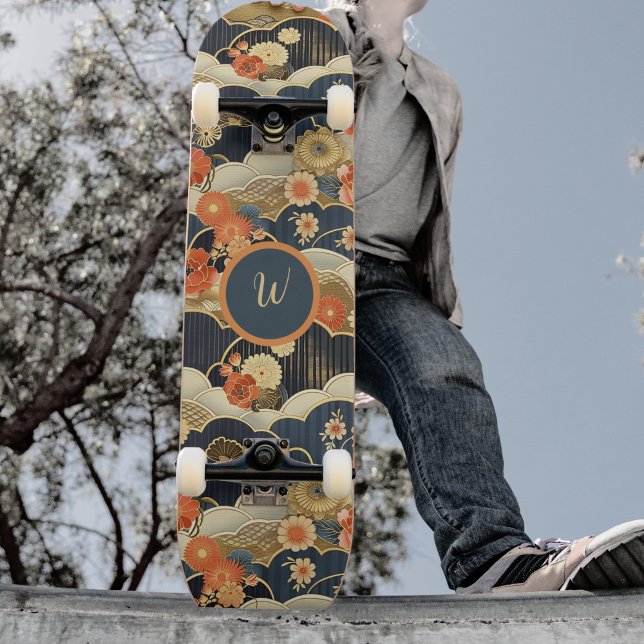 Japanese Style Retro Teal Floral n Clouds Initial Skateboard (Von Creator hochgeladen)
