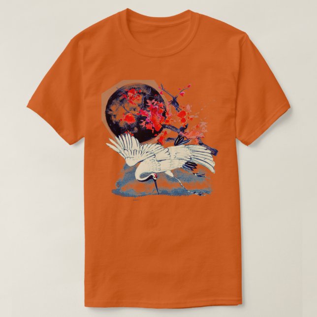 Japanese Sumi E Moonlight Crane T-Shirt (Design vorne)