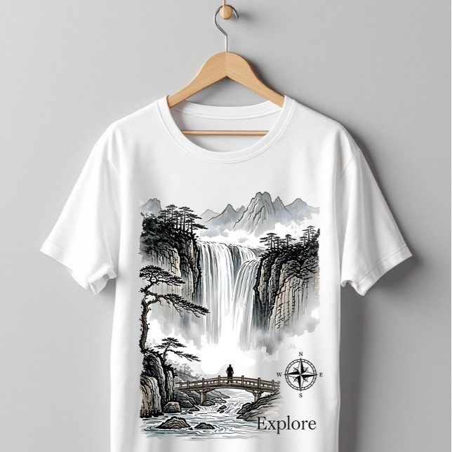 Japanese Sumi-e Waterfall Zen Explore Landscape T-Shirt (Von Creator hochgeladen)
