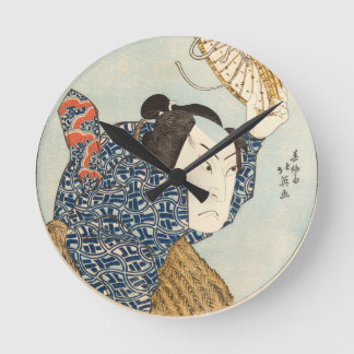 Japanese Ukiyo-e Rain Scene Wall Clock – Samurai w Runde Wanduhr