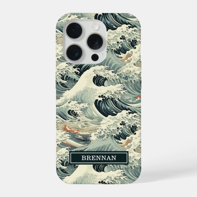 Japanese Wave Pattern Monogrammed iPhone 15 Pro Hülle (Rückseite)