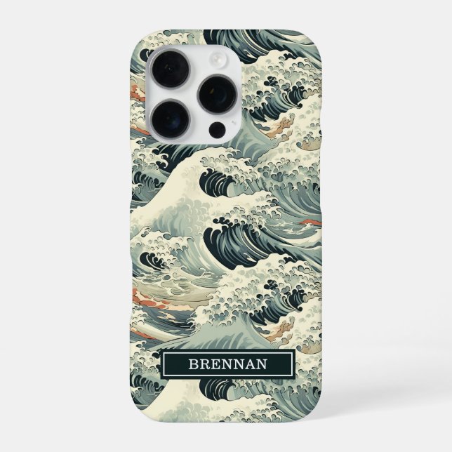 Japanese Wave Pattern Monogrammed iPhone 16 Pro Hülle (Rückseite)