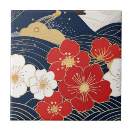 Japanese Waves and Blossoms Ceramic Tile - Piece 1 Fliese