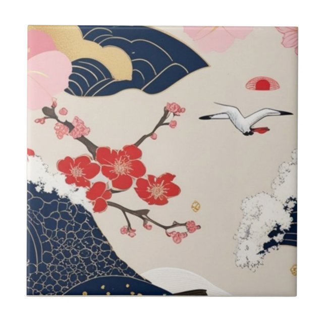 Japanese Waves and Blossoms Ceramic Tile - Piece 2 Fliese (Vorderseite)