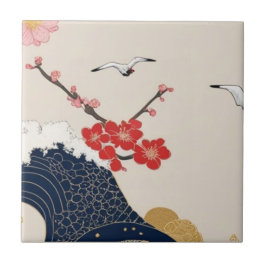 Japanese Waves and Blossoms Ceramic Tile - Piece 4 Fliese