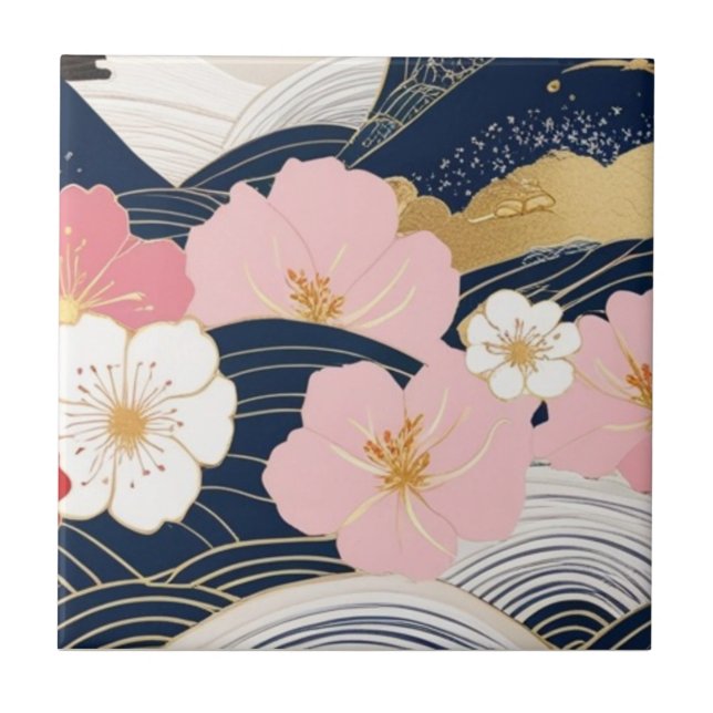 Japanese Waves and Blossoms Ceramic Tile - Piece 7 Fliese (Vorderseite)
