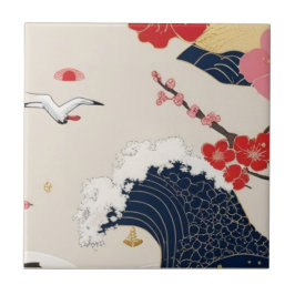 Japanese Waves and Blossoms Ceramic Tile - Piece 8 Fliese
