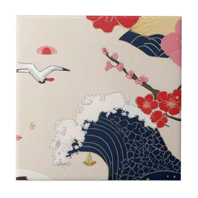 Japanese Waves and Blossoms Ceramic Tile - Piece 8 Fliese (Vorderseite)