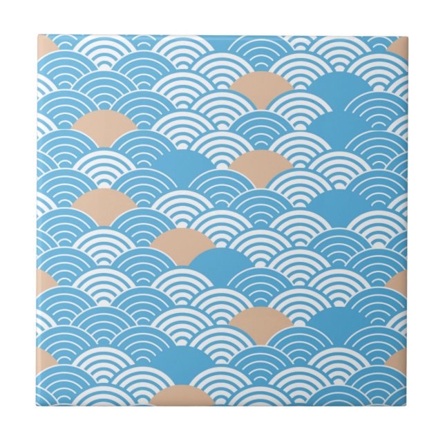 Japanese Waves Pattern Light Blue Beige White Fliese (Vorderseite)