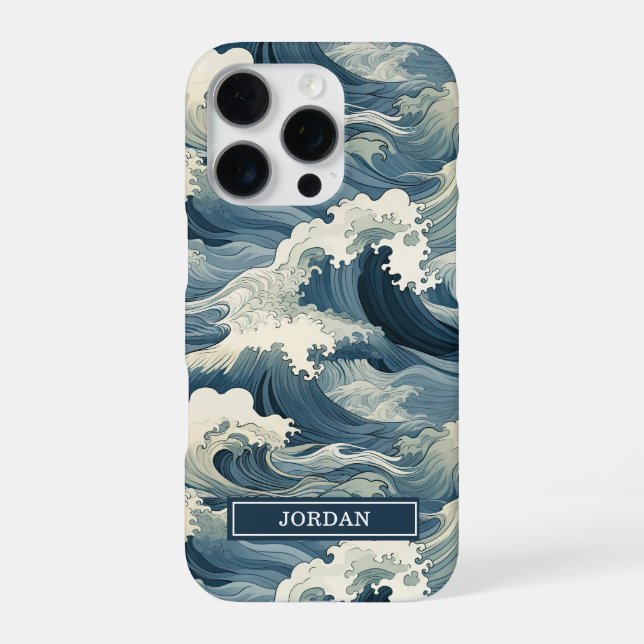Japanese Waves Pattern Monogrammed iPhone 16 Pro Hülle (Rückseite)