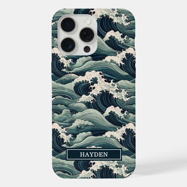 Japanese Waves Print Monogrammed iPhone 15 Pro Max Hülle (Rückseite)