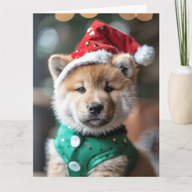 Japanisch Akita Elf Welpe Weihnachtskarte Karte (Vorderseite)