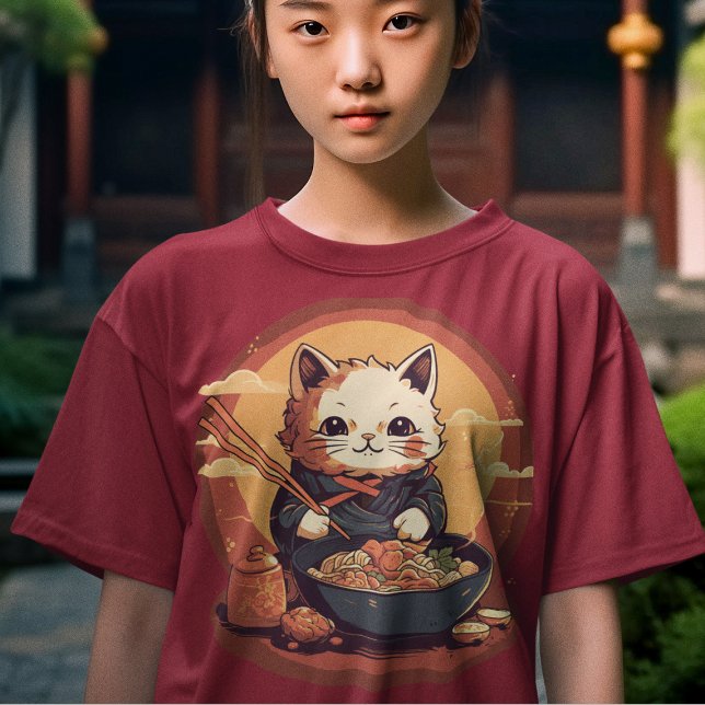 Japanisch Anime Kitty Cat Eating Ramen T-Shirt (Von Creator hochgeladen)