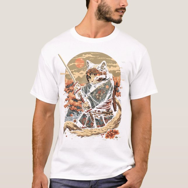 Japanisch Art Cat Ninja Ukiyo-E Anime Style Samura T-Shirt (Vorderseite)