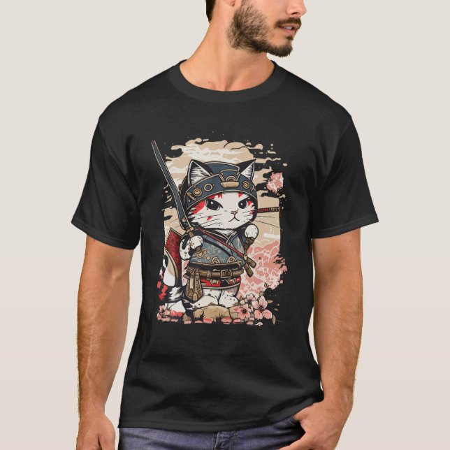 Japanisch Art Cat Ninja Ukiyo e Anime Style Samura T-Shirt (Vorderseite)
