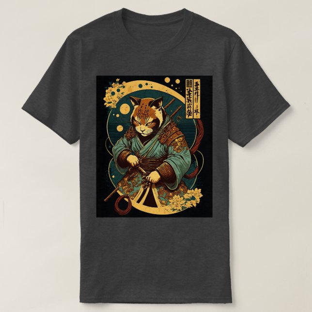 Japanisch Art Cat Ninja Ukiyoe Samurai Cat T-Shirt (Design vorne)
