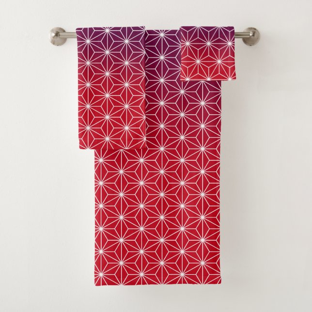 Japanisch Asanoha Traditioneller Print Red & Lila Badhandtuch Set (Insitu)
