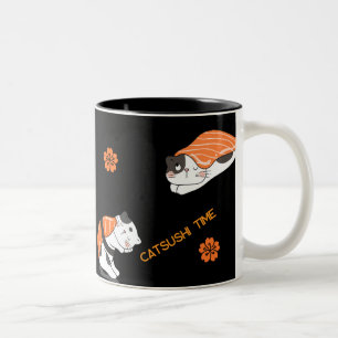 Japanisch Ästhetisch Süße Katze & Sushi Muster Zweifarbige Tasse